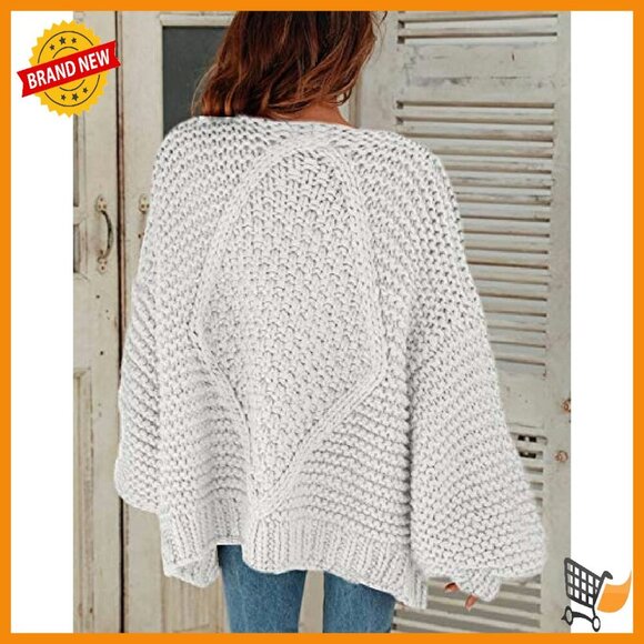 Oversized Chunky Knit Cardigan Open Front Lantern Sleeve Sweater - Picture 6 of 7